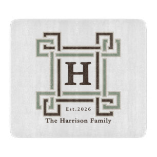 Sage Taupe Greek Key Monogram Family Crest Cutting Board