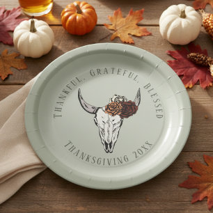 Sage Thankful Grateful Blessed Thanksgiving Paper Plate