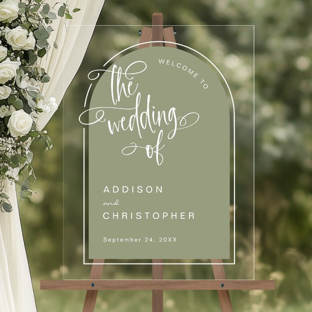 Sage The Wedding Of Handwritten Script Welcome Acrylic Sign (Shown on an 18" x 24" acrylic sign)