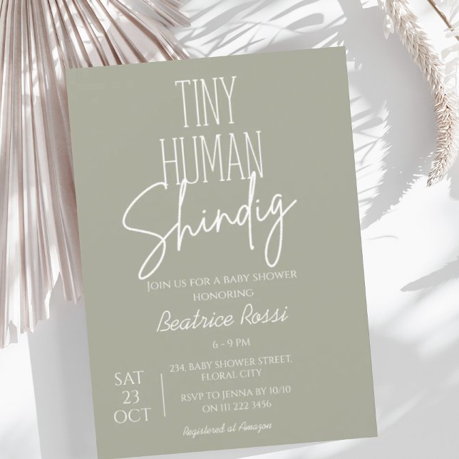 Sage Tiny Human Shindig Neutral Modern Baby Shower Invitation (Tiny Human Shindig Baby Shower Invitation)