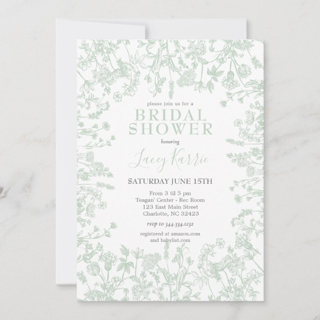 Sage Toile Bridal Shower Invitation (Front)