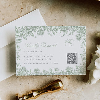 Sage Toile RSVP card with QR code Chinoiserie Bird