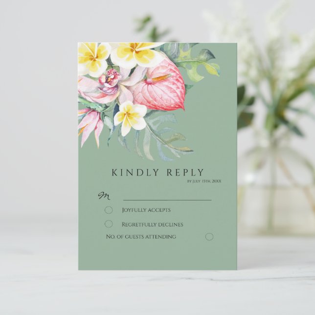 Sage Tropical Floral Botanical Wedding RSVP Card (Standing Front)