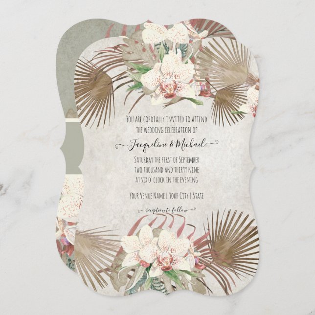 Sage Tropical Orchid Floral Palm Foliage Invitation (Front/Back)