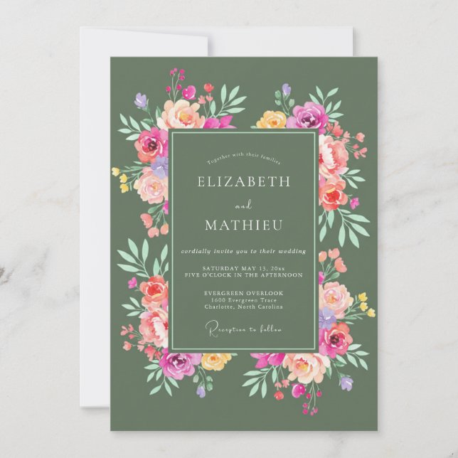 Sage Vibrant Floral Wedding Invitation (Front)
