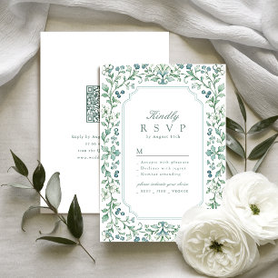 Sage Vintage Botanical Floral QR code Wedding RSVP Card