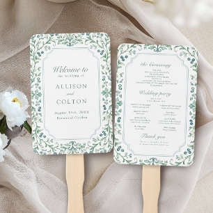 Sage Vintage Botanical Floral Wedding Program Hand Fan