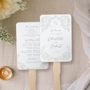 Sage Vintage Flourish Monogram Wedding Program Hand Fan