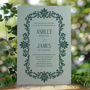 Sage Vintage Ornate Botanical Frame Wedding Invitation