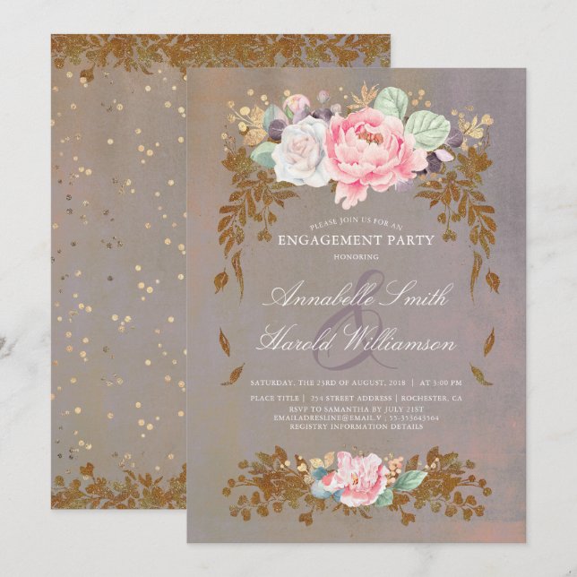 Sage Violet Gold Blush | Floral Engagement Party Invitation (Front/Back)