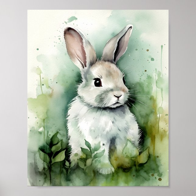 Sage Watercolor Baby Bunny Poster (Front)