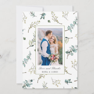 Sage Watercolor Eucalyptus Pattern Photo Wedding Thank You Card