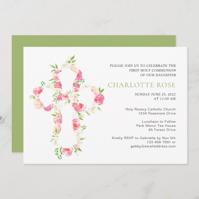 Sage Watercolor Floral Cross First Holy Communion Invitation (Front/Back)