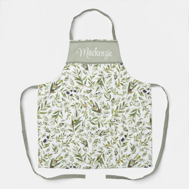 Sage Watercolor French Country Olive Name Monogram Apron (Front)