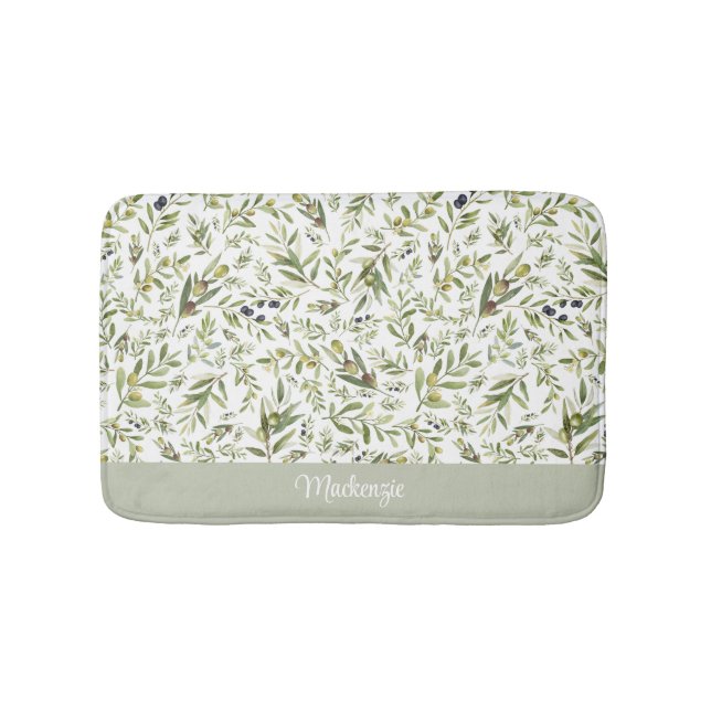 Sage Watercolor French Country Olive Name Monogram Bath Mat (Front)