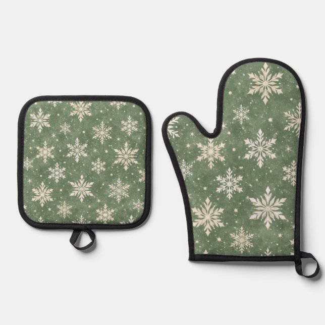 Sage Watercolor Snowflake Pattern Oven Mitt & Pot Holder Set (Front)