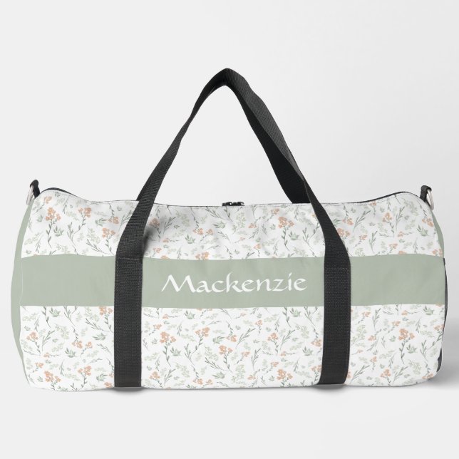 Sage Watercolor Wildflower Floral Custom Name Duffle Bag (Front)