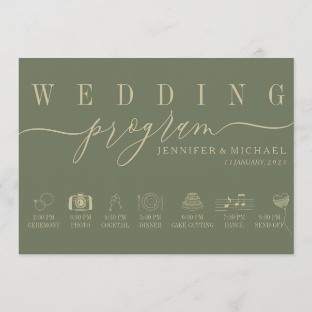 Sage Wedding Custom Icon Timeline ceremony plan Program (Front)