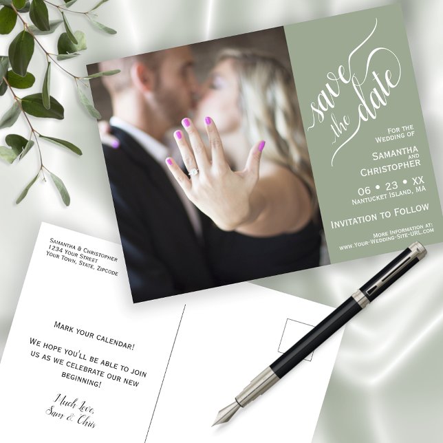 Sage Wedding Save the Date Photo & Calligraphy Announcement Postcard (Creator Uploaded)