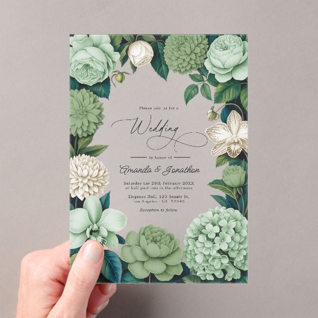 Sage Whisper, Linen Ivory & Olive Mist Wedding Acrylic Invitations (Insitu (Handheld))