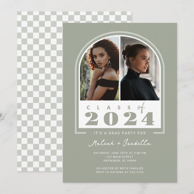 Sage White Arch Retro 2024 Photo Graduation Party Invitation (Front/Back)