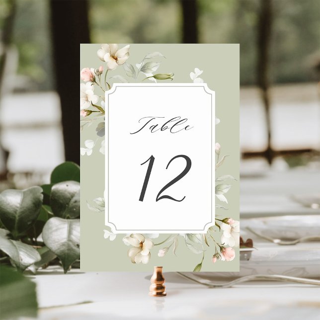 Sage White Blush Elegant Floral Wedding Table Number (Creator Uploaded)
