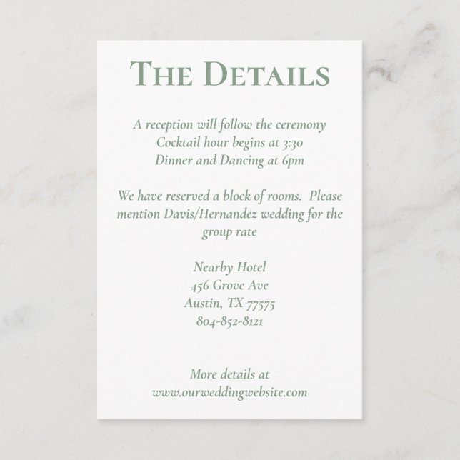 Sage White Blush Peach Floral Details Card (Front)