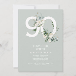 Sage White Floral Elegant 90th Birthday Party Invitation