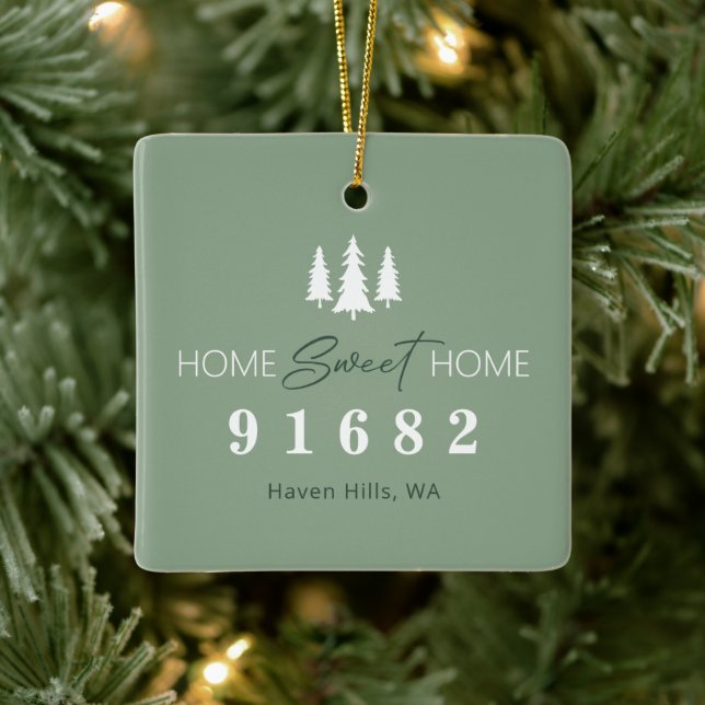 Sage White Home Sweet Home Photo Zip Code Ceramic Ornament (Tree)