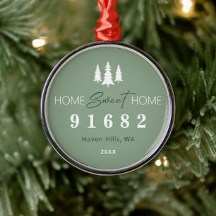 Sage White Home Sweet Home Zip Code Metal Ornament