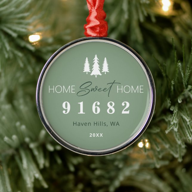 Sage White Home Sweet Home Zip Code Metal Ornament (Tree)