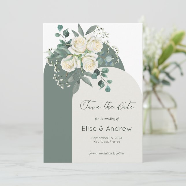 Sage & White Roses Arch Frame Save-the-Date  Invitation (Standing Front)