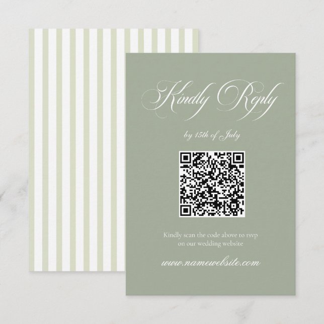 Sage & White Striped Classic Wedding QR Code RSVP Card (Front/Back)