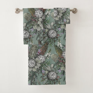 Sage Wild Bush Flower Bouquet - Protea & Grevillea Bath Towel Set