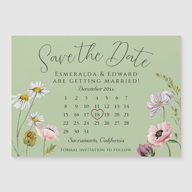 Sage Wild Flower Wedding Calendar Save The Date (Front)