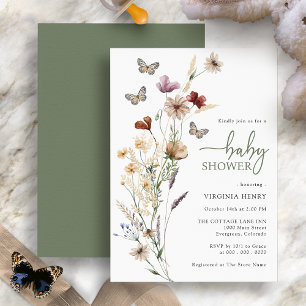 Sage Wildflower Butterfly Baby Shower Invitation