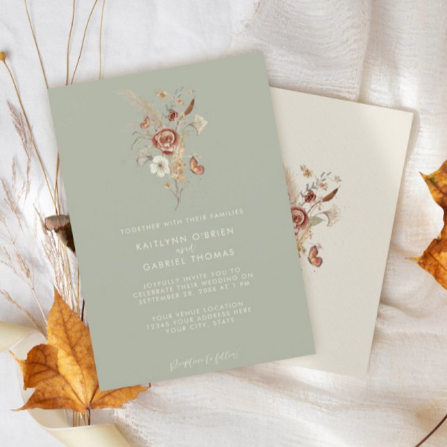 Sage Wildflower Dried Floral Watercolor Wedding Invitation (Creator Uploaded)