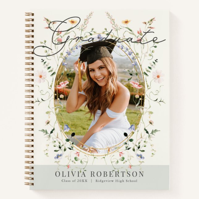 Sage Wildflower Floral Photo Graduation Guest Book (Front)