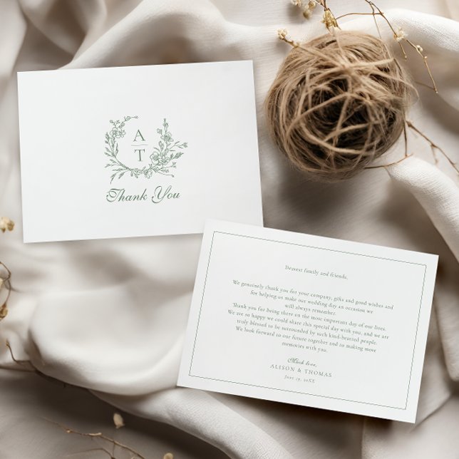 Sage Wildflower Monogram Wedding Thank You Card (Creator Uploaded)