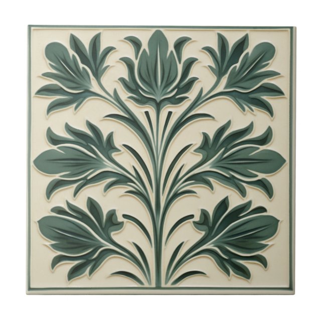 Sage William De Morgan Botanical Ceramic Tile (Front)