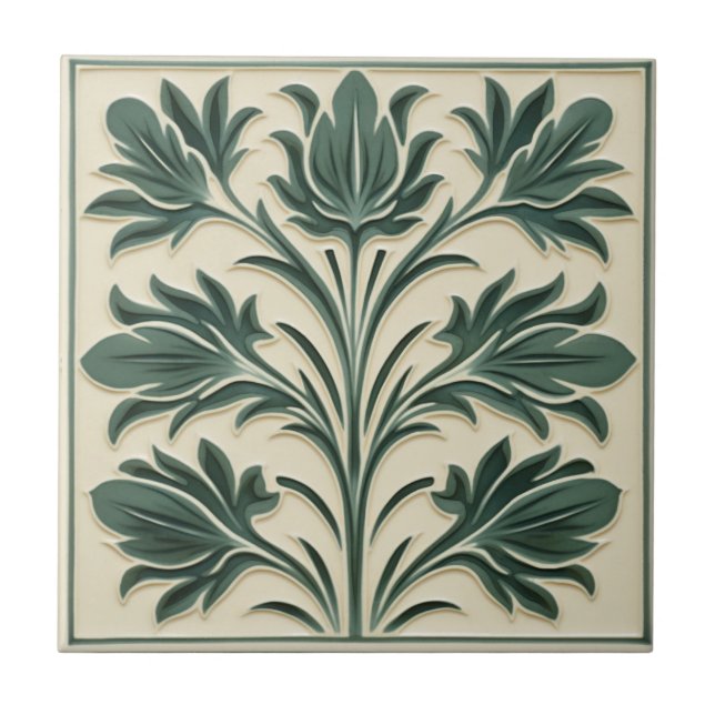Sage William De Morgan Style Ceramic Tile (Front)