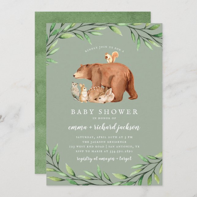 Sage Woodland Greenery Forest Animals Baby Shower Invitation (Front/Back)
