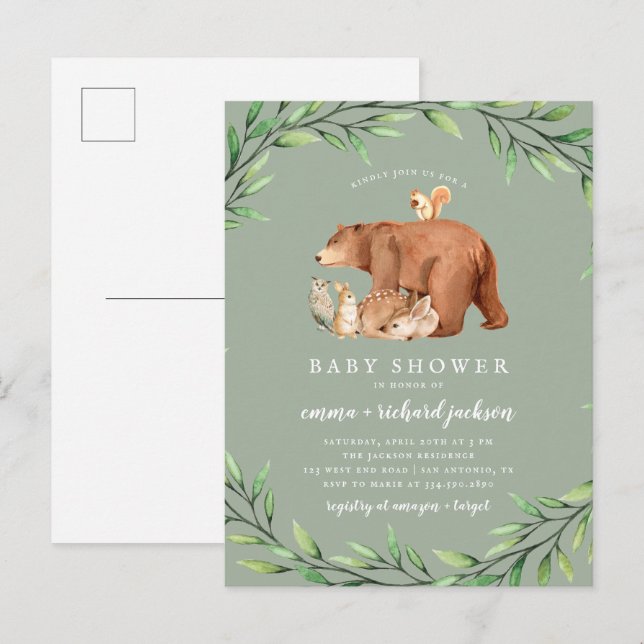 Sage Woodland Greenery Forest Animals Baby Shower Invitation Postcard (Front/Back)