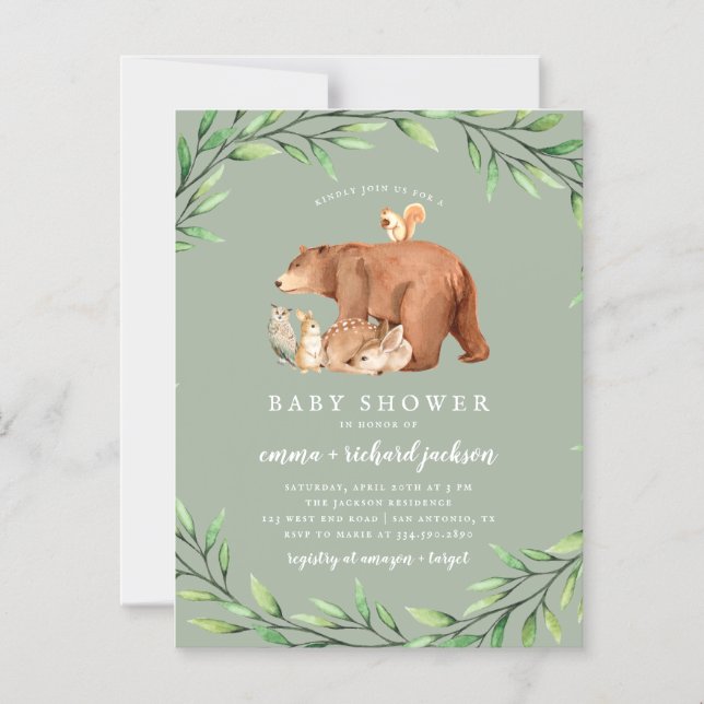 Sage Woodland Greenery Forest Animals Baby Shower Magnetic Invitation (Front)