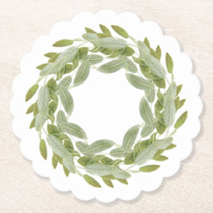 SAGE WREATH Scalloped Round Paper Coasters