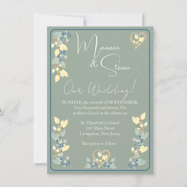 Sage, Yellow & Blue Hues Floral Wedding Invitation (Front)