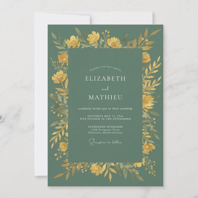 Sage Yellow Floral Flourish Wedding Invitation (Front)