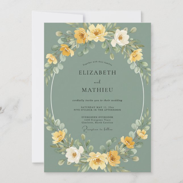 Sage Yellow Floral Wreath Wedding Invitation (Front)