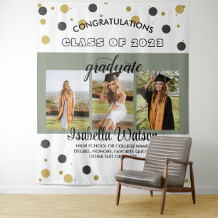SageGreen Large 3 Photos Graduation Party Backdrop Tapestry