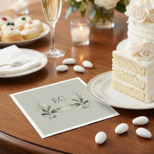 SageGreen Olive Branch Monogram Wedding Napkin